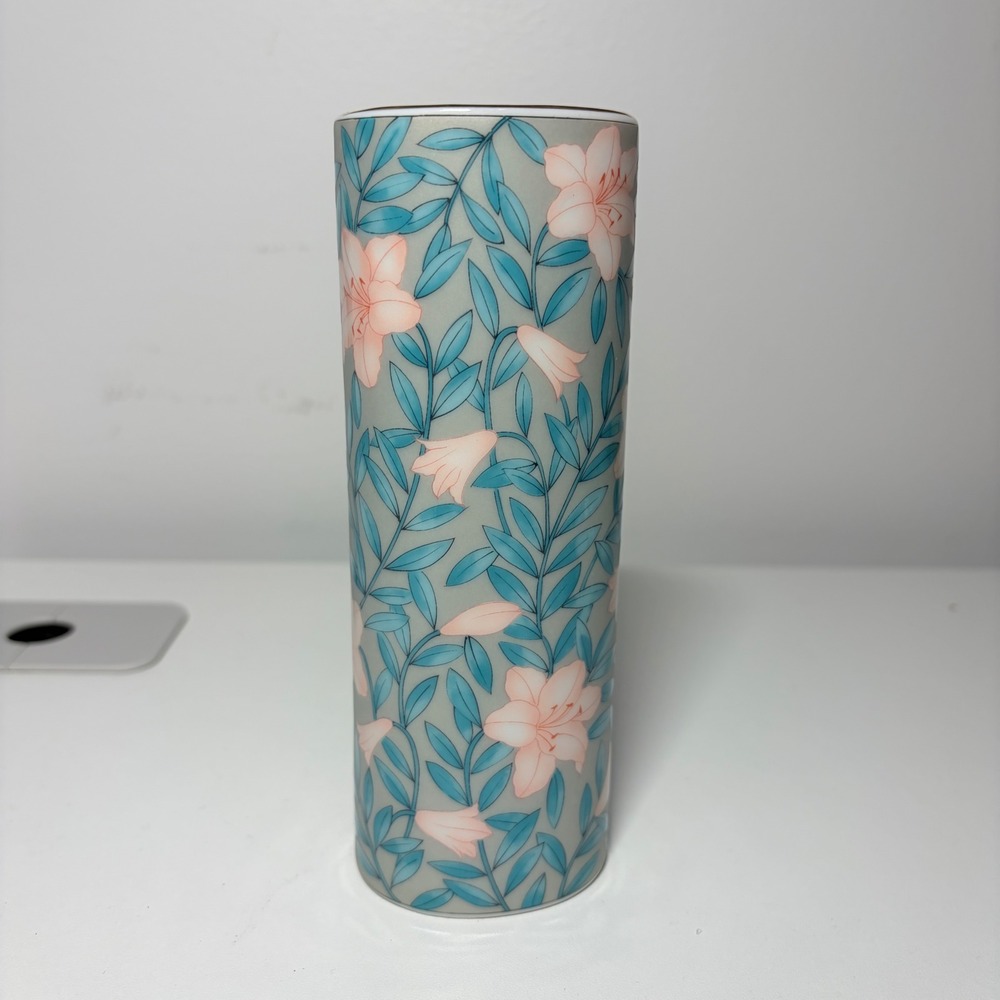 Otagiri Serenade Japan Porcelain Floral Cylinder Bud Vase Gray Pink Blue Gold